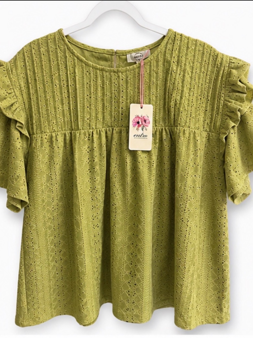Entro Olive Green Eyelet Flutter Sleeve Babydoll Top Medium NWT